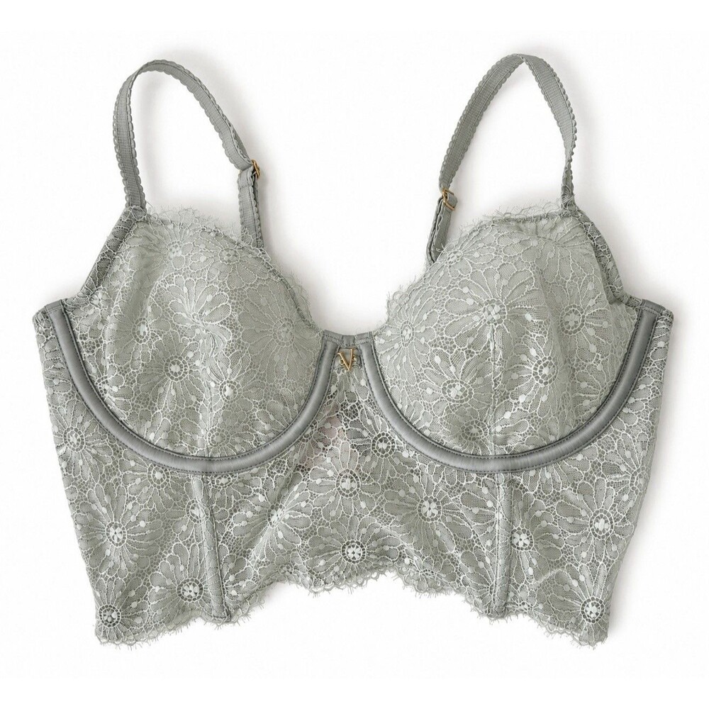 Victoria’s Secret Lace Bustier Bra 38C Sage Green Floral Underwire Gold Logo